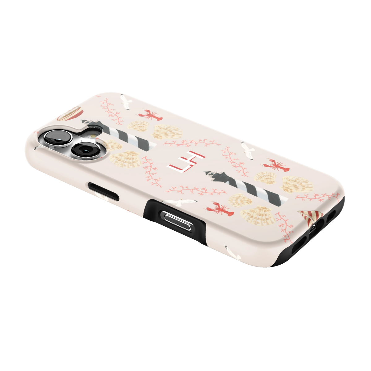 Lighthouse Personalized iPhone 17 case lying at an angle, showing the side buttons and print wrapping the edges