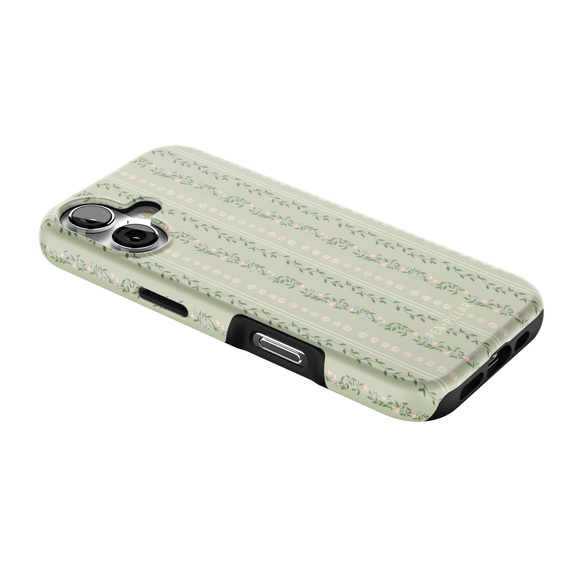 Camellia iPhone 17 case lying at an angle, showing the side buttons and print wrapping the edges