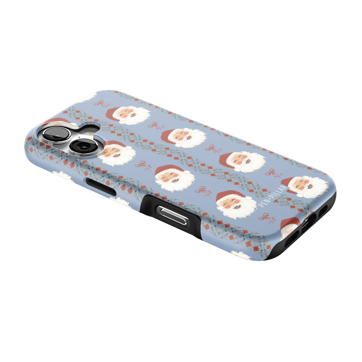Jolly iPhone 17 case lying at an angle, showing the side buttons and print wrapping the edges