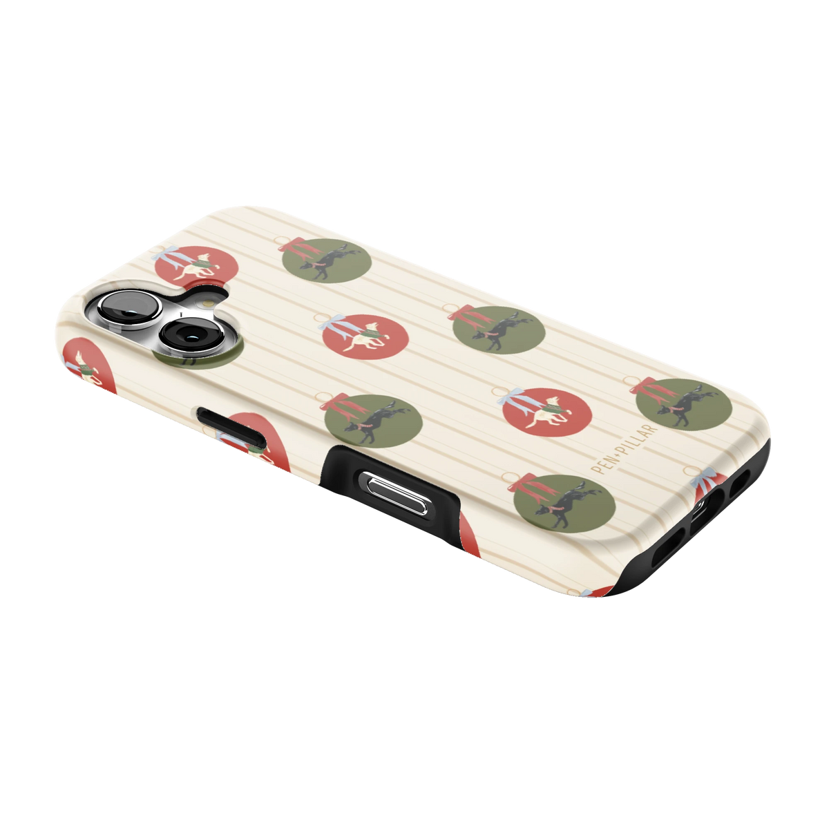 Festive Dogs iPhone 17 case lying at an angle, showing the side buttons and print wrapping the edges