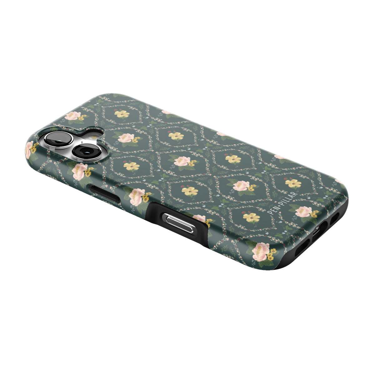 Meadow iPhone 17 case lying at an angle, showing the side buttons and print wrapping the edges