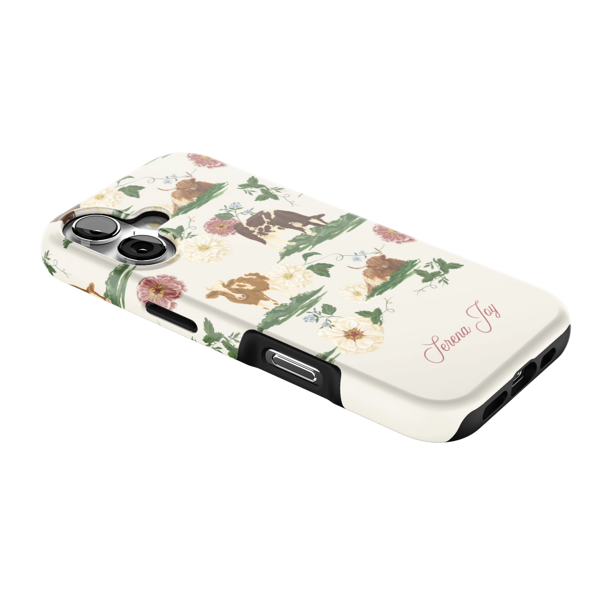 Pasture Personalized iPhone 17 case lying at an angle, showing the side buttons and print wrapping the edges