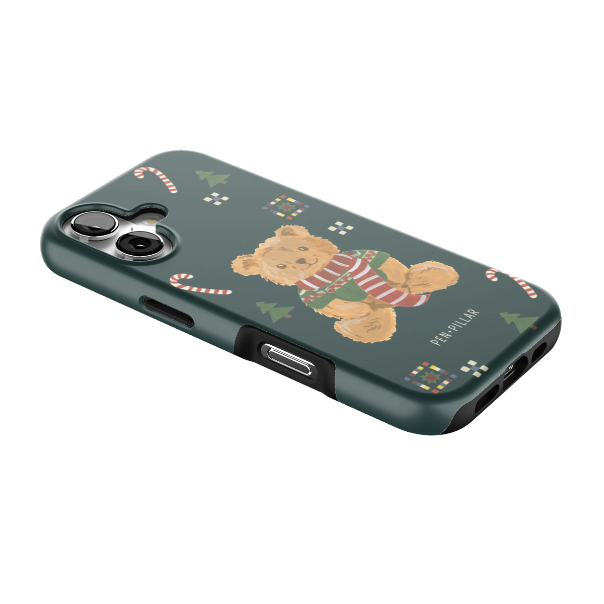 Teddy Bear iPhone 17 case lying at an angle, showing the side buttons and print wrapping the edges