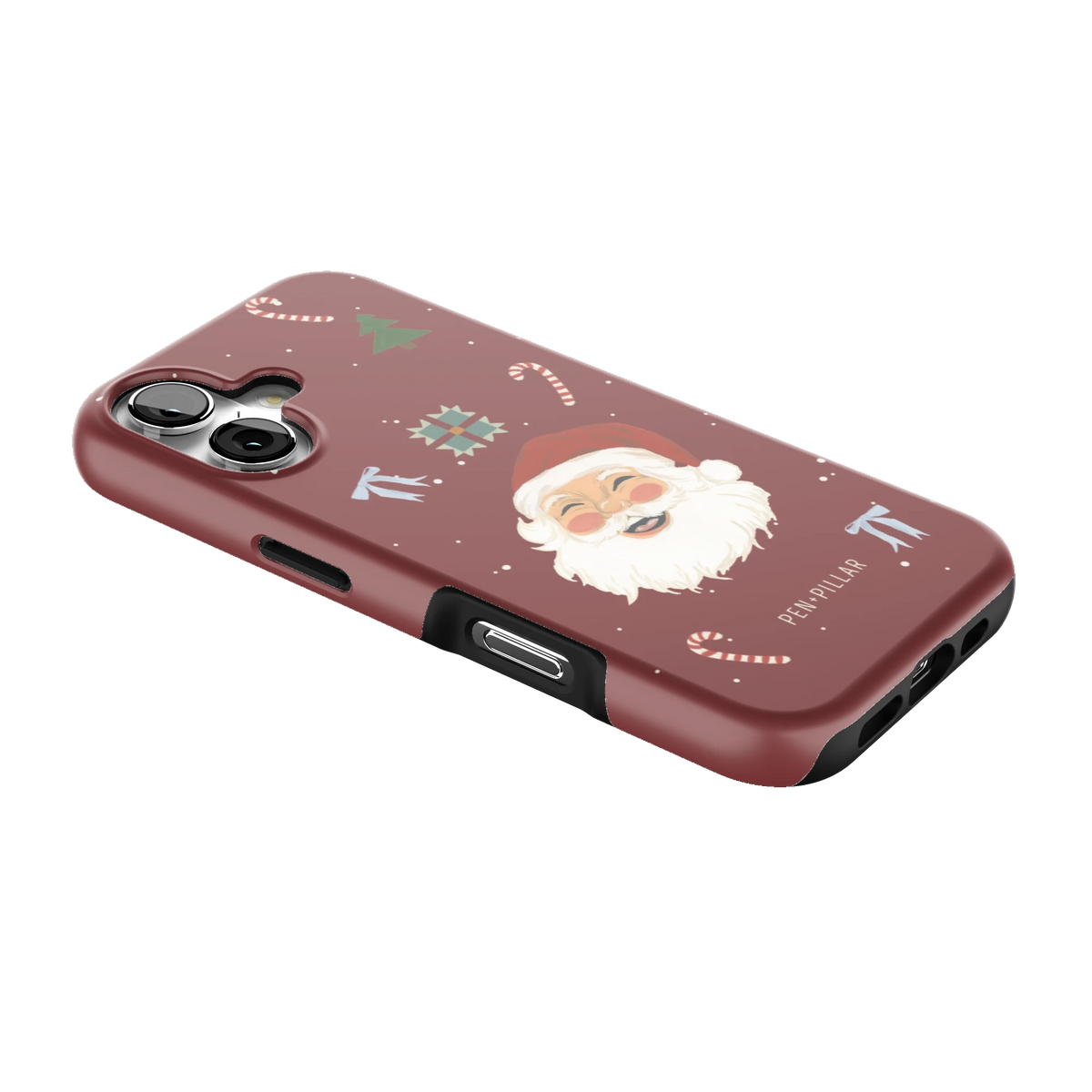 Santa iPhone 17 case lying at an angle, showing the side buttons and print wrapping the edges