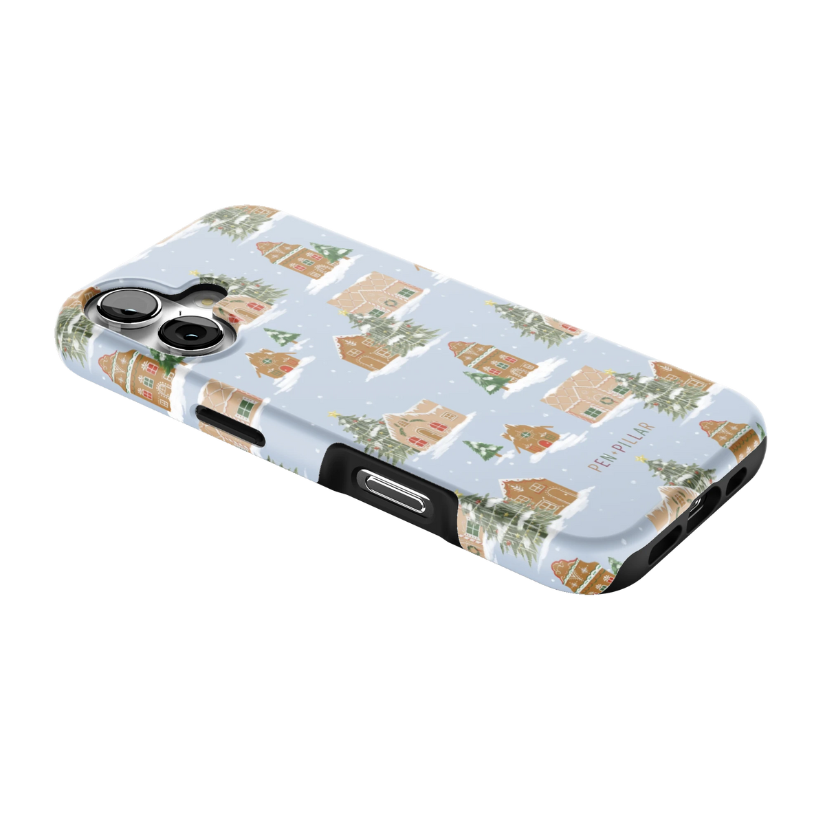 Gingerbread Village iPhone 17 case lying at an angle, showing the side buttons and print wrapping the edges