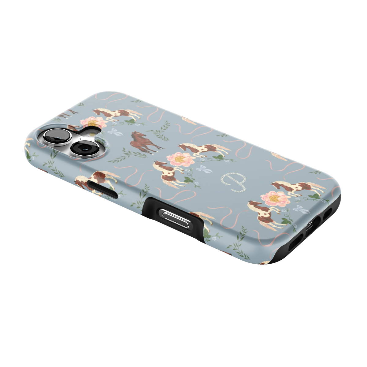 Prairie Personalized iPhone 17 case lying at an angle, showing the side buttons and print wrapping the edges