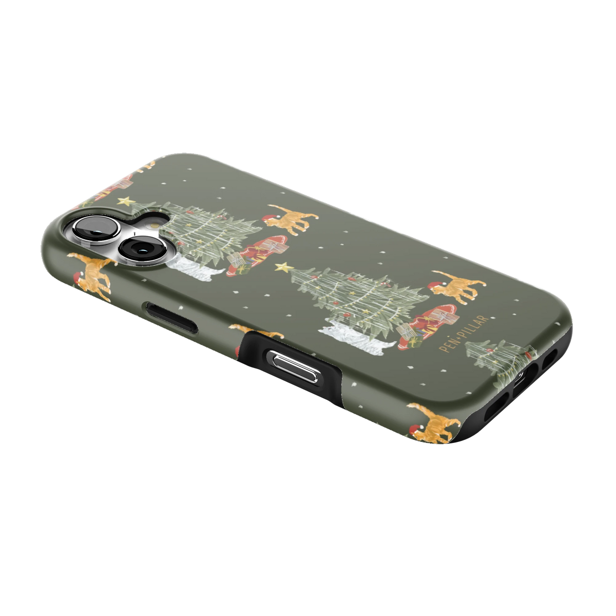 Festive Cats iPhone 17 case lying at an angle, showing the side buttons and print wrapping the edges