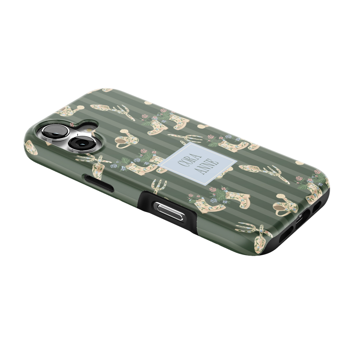 In the Garden Personalized iPhone 17 case lying at an angle, showing the side buttons and print wrapping the edges