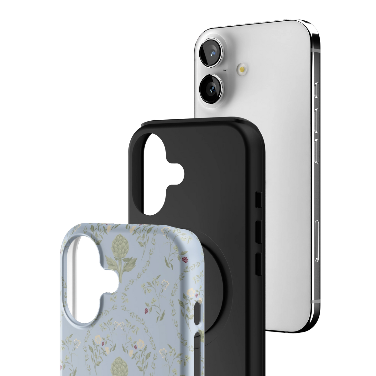 Exploded view of the Artichoke iPhone 17 case: printed shell, black inner layer with MagSafe ring, and phone