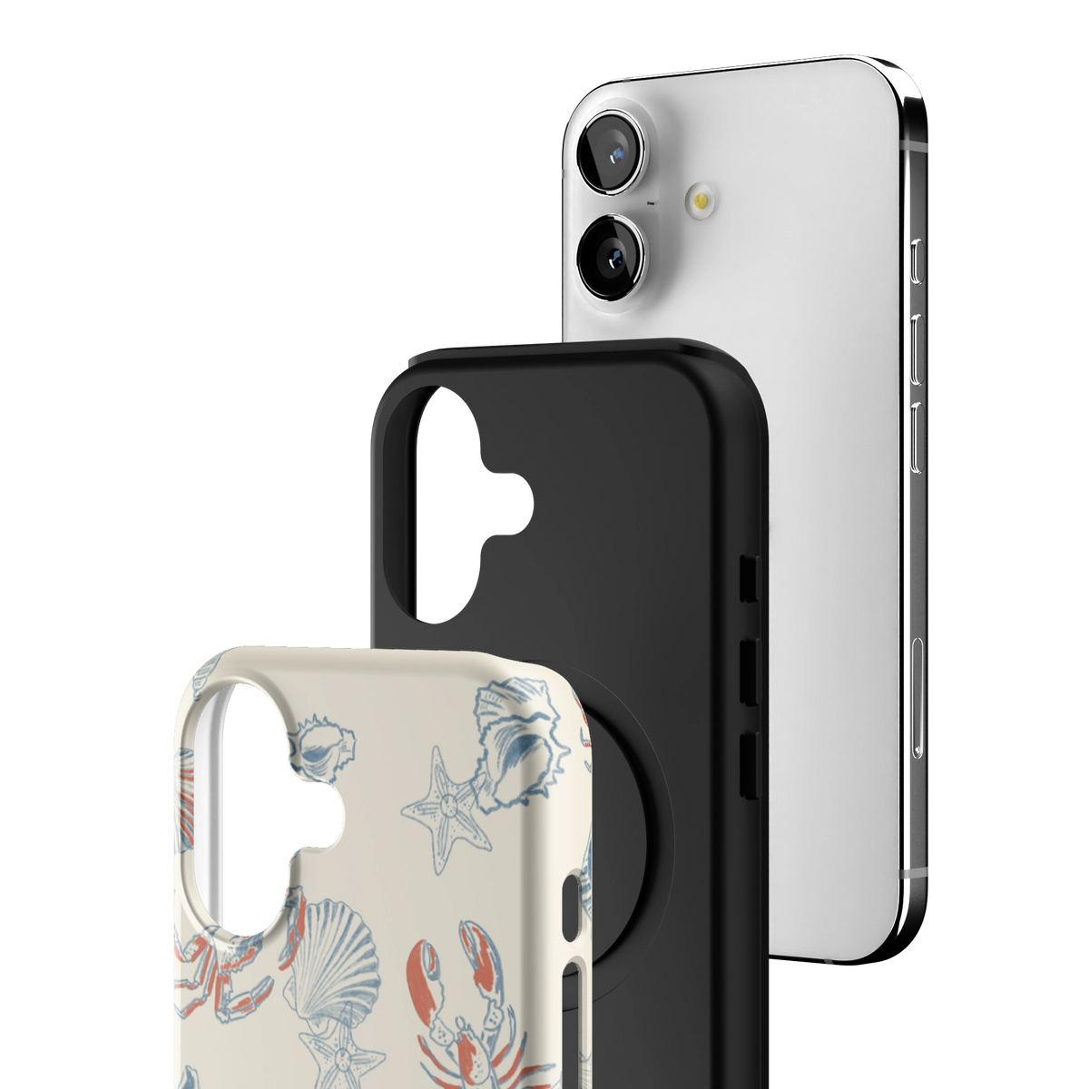 Exploded view of the Mariner Personalized iPhone 17 case: printed shell, black inner layer with MagSafe ring, and phone