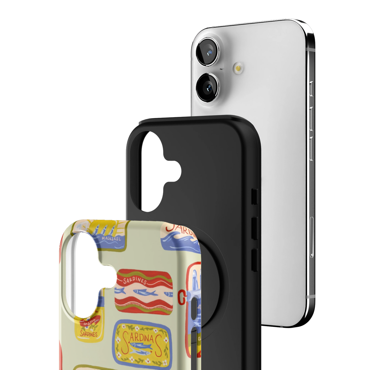Exploded view of the Sardines Personalized iPhone 17 case: printed shell, black inner layer with MagSafe ring, and phone