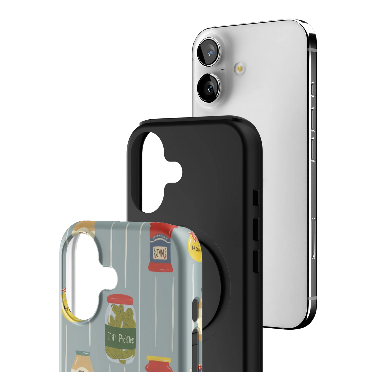 Exploded view of the Preserves Personalized iPhone 17 case: printed shell, black inner layer with MagSafe ring, and phone
