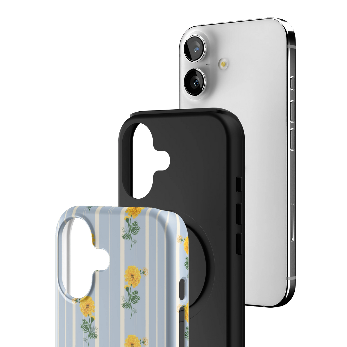 Exploded view of the October Birth Month iPhone 17 case: printed shell, black inner layer with MagSafe ring, and phone