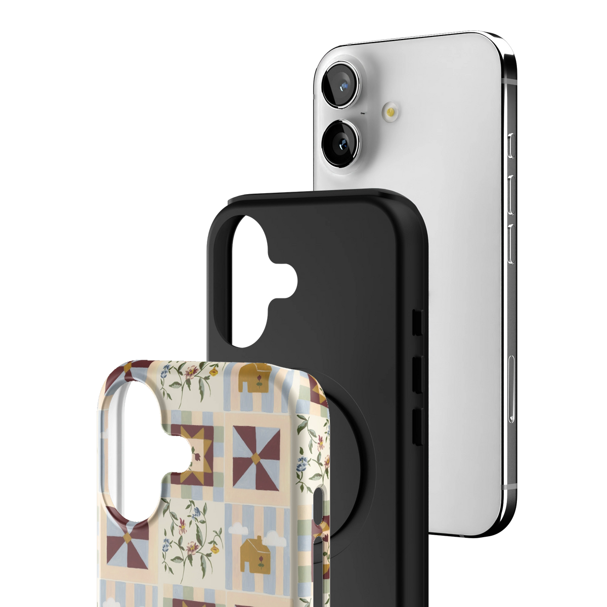 Exploded view of the Pinwheel Personalized iPhone 17 case: printed shell, black inner layer with MagSafe ring, and phone