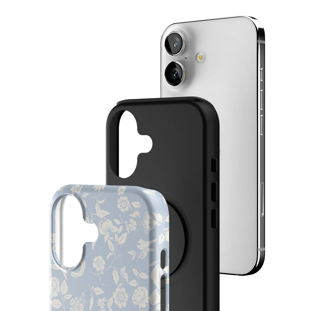 Exploded view of the Spritz iPhone 17 case: printed shell, black inner layer with MagSafe ring, and phone