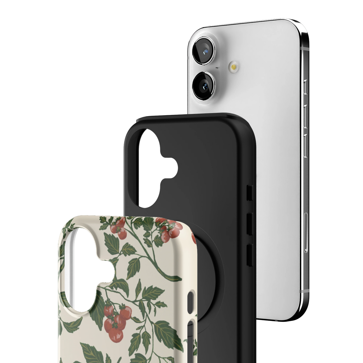 Exploded view of the Tomato Vines iPhone 17 case: printed shell, black inner layer with MagSafe ring, and phone