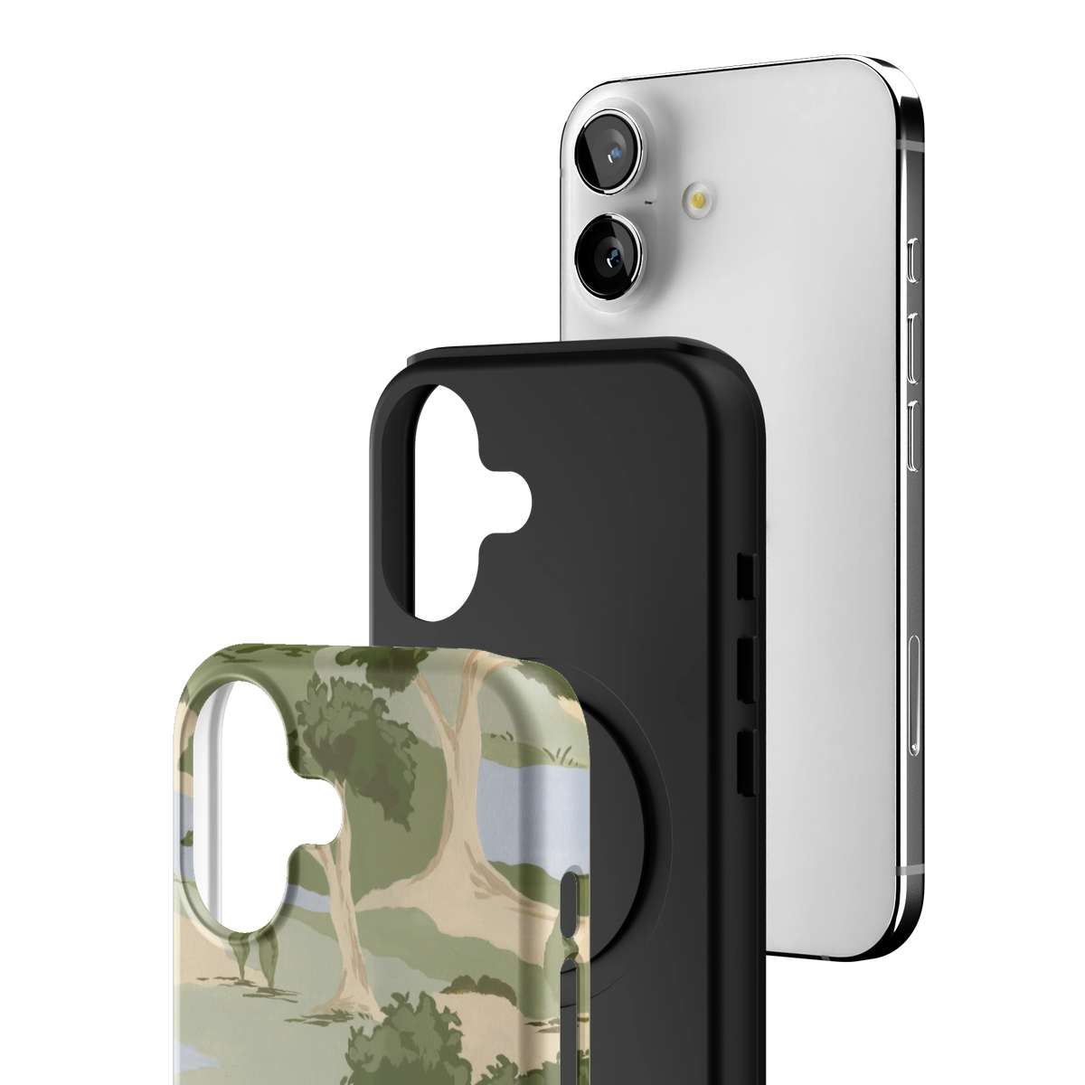 Exploded view of the Orchard iPhone 17 case: printed shell, black inner layer with MagSafe ring, and phone