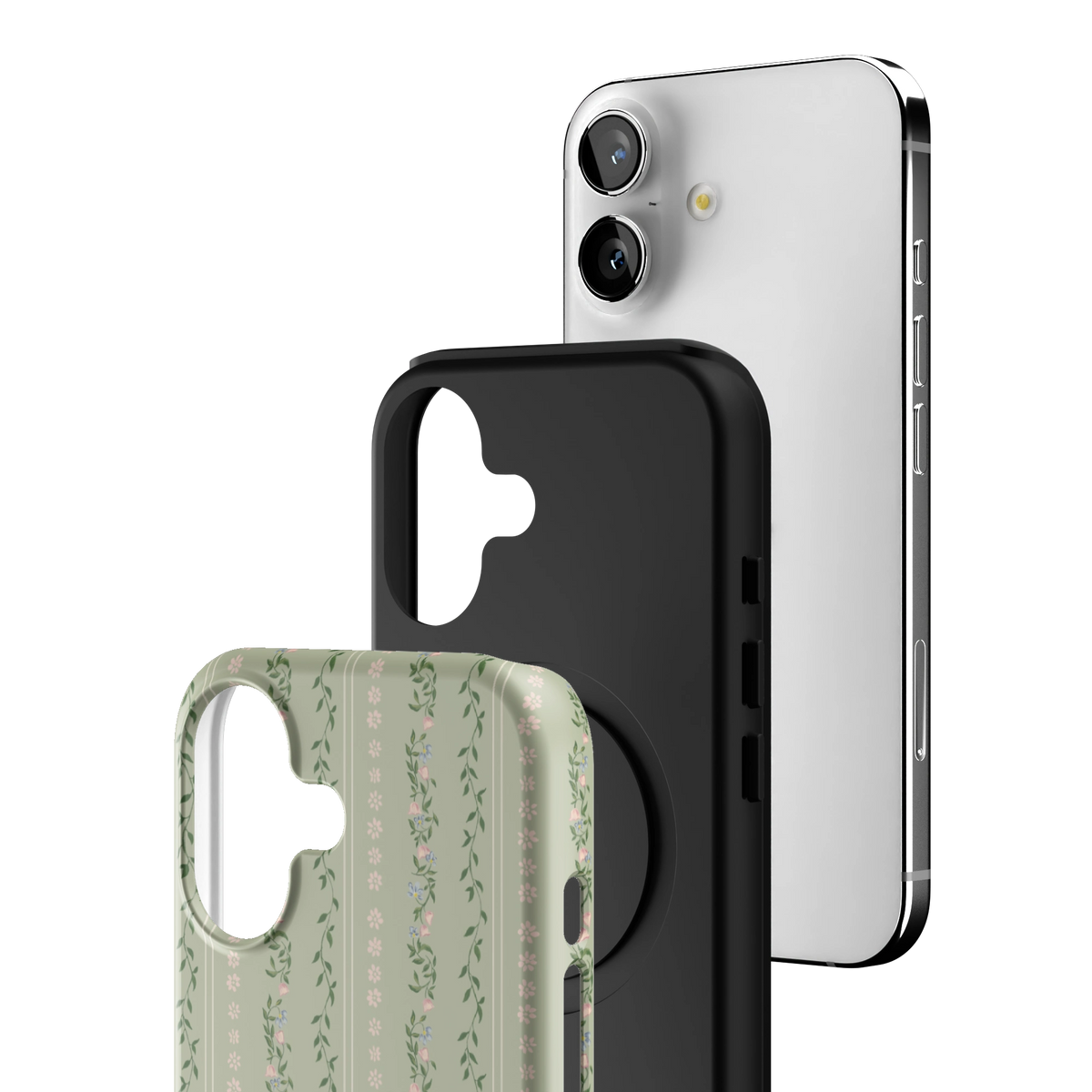 Exploded view of the Camellia iPhone 17 case: printed shell, black inner layer with MagSafe ring, and phone