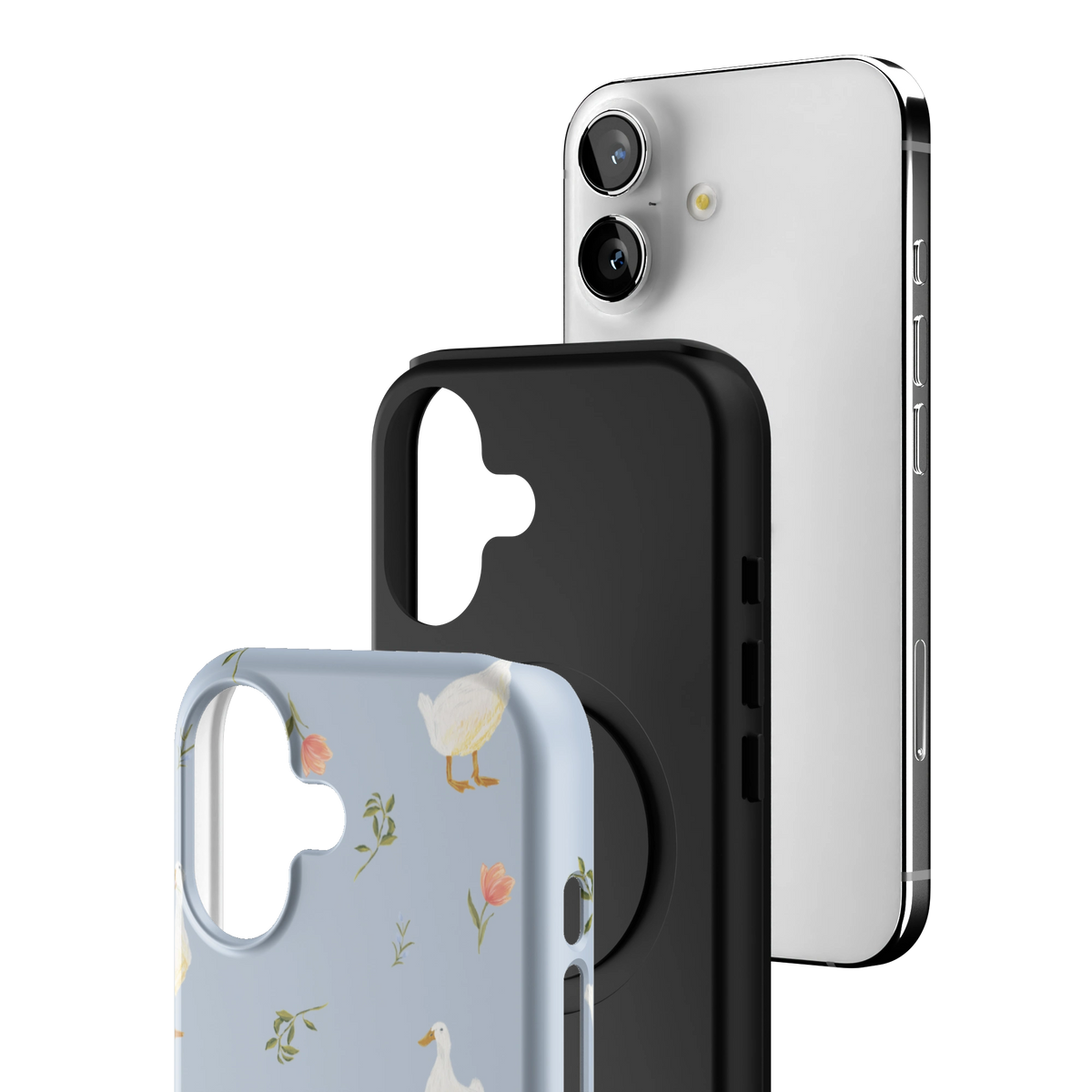 Exploded view of the Ducks iPhone 17 case: printed shell, black inner layer with MagSafe ring, and phone