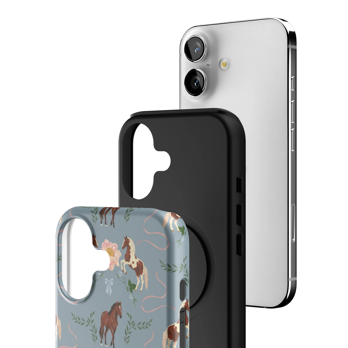 Exploded view of the Prairie Personalized iPhone 17 case: printed shell, black inner layer with MagSafe ring, and phone