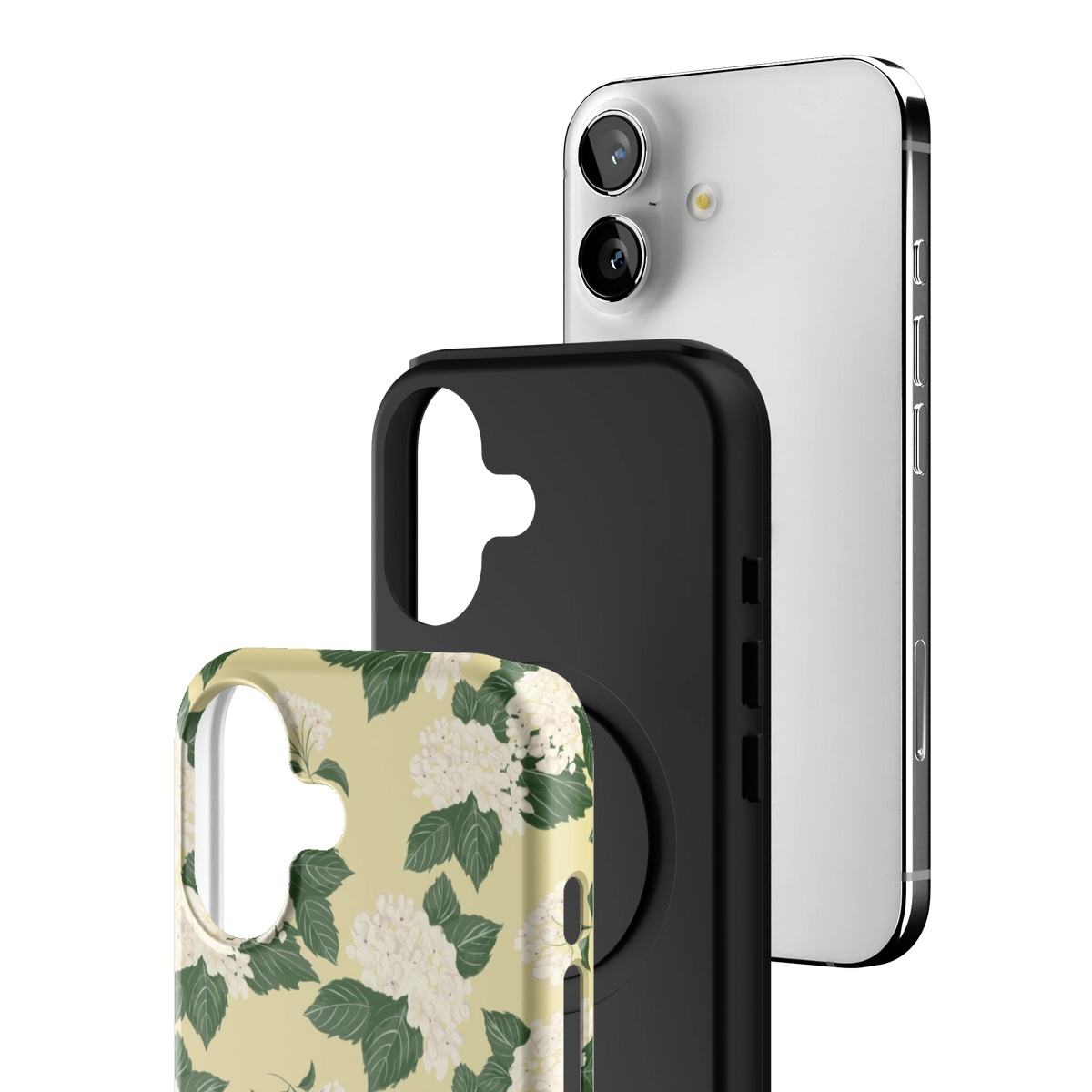 Exploded view of the Hydrangea iPhone 17 case: printed shell, black inner layer with MagSafe ring, and phone