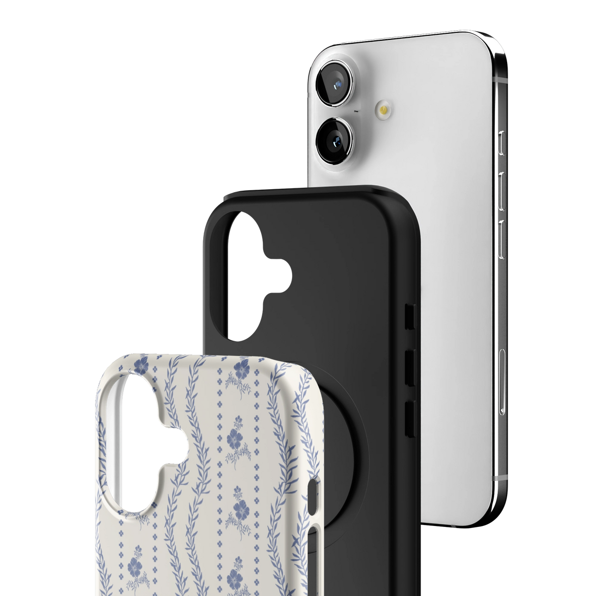 Exploded view of the Riviera iPhone 17 case: printed shell, black inner layer with MagSafe ring, and phone