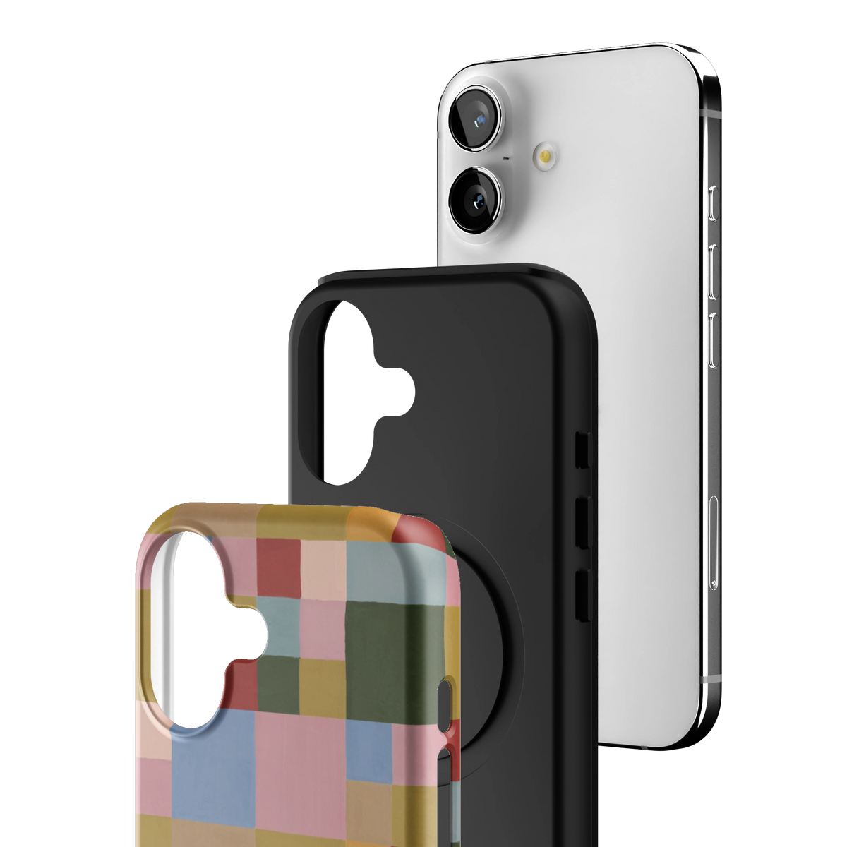 Exploded view of the Colorblock iPhone 17 case: printed shell, black inner layer with MagSafe ring, and phone