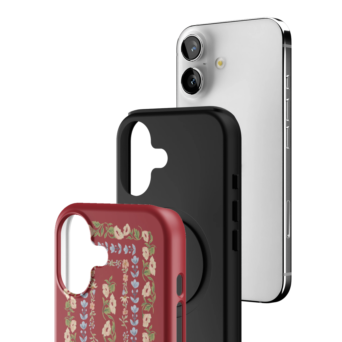 Exploded view of the Fiona iPhone 17 case: printed shell, black inner layer with MagSafe ring, and phone