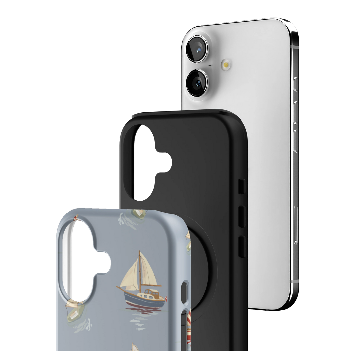 Exploded view of the Harbor iPhone 17 case: printed shell, black inner layer with MagSafe ring, and phone