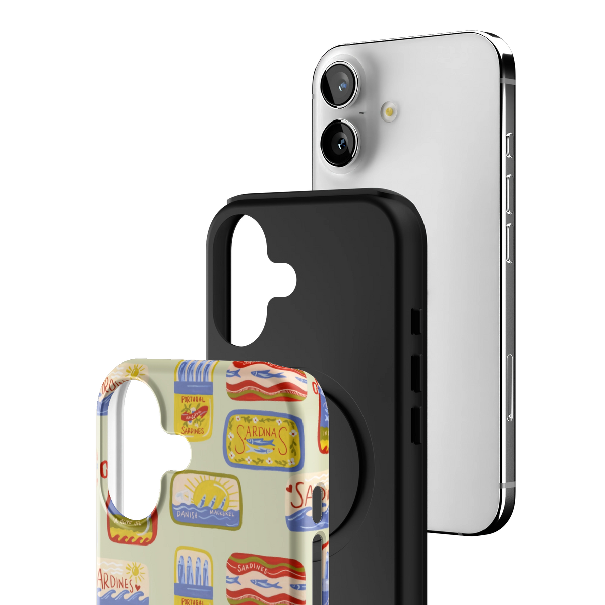 Exploded view of the Sardines iPhone 17 case: printed shell, black inner layer with MagSafe ring, and phone