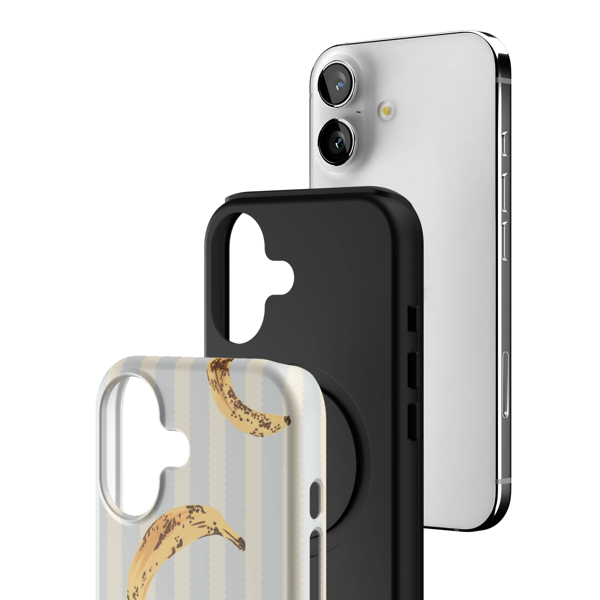 Exploded view of the Striped Bananas Personalized iPhone 17 case: printed shell, black inner layer with MagSafe ring, and phone