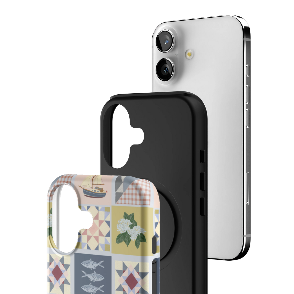 Exploded view of the Coastal Quilt iPhone 17 case: printed shell, black inner layer with MagSafe ring, and phone