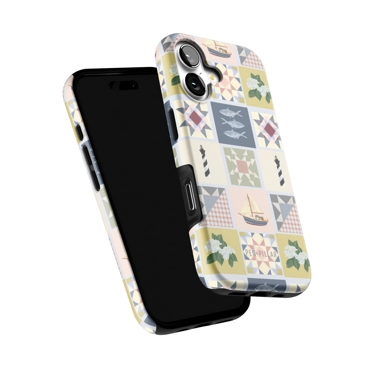Coastal Quilt iPhone 17 case tilted to show the raised edges around the screen and camera