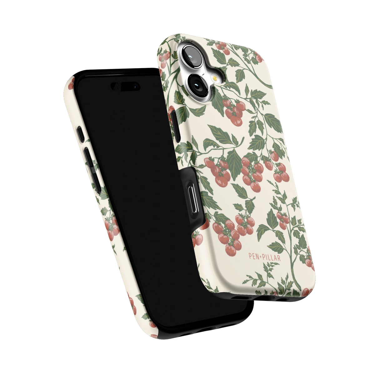 Tomato Vines iPhone 17 case tilted to show the raised edges around the screen and camera