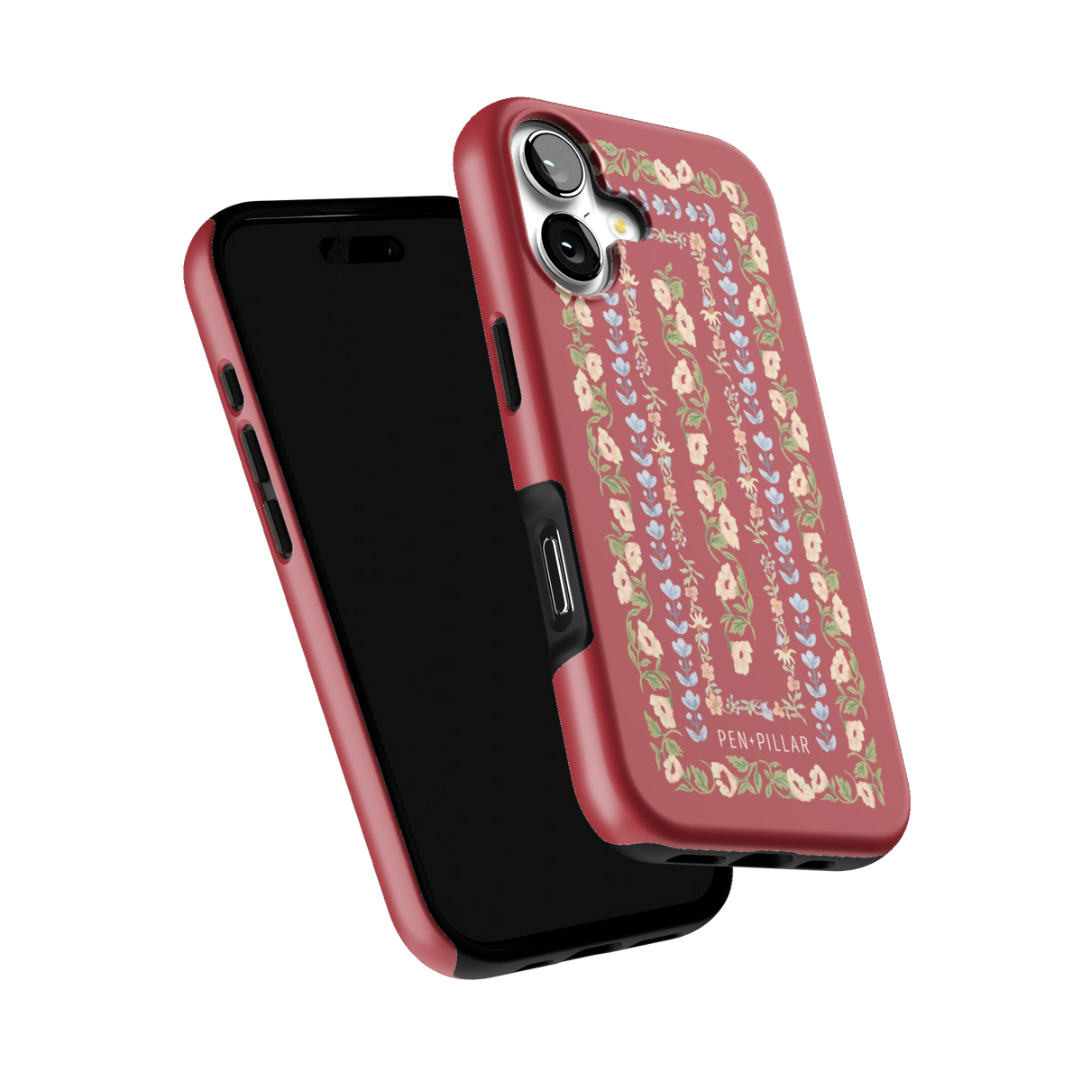 Fiona iPhone 17 case tilted to show the raised edges around the screen and camera
