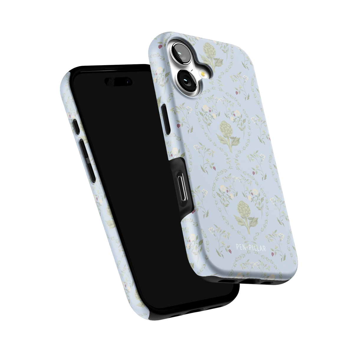 Artichoke iPhone 17 case tilted to show the raised edges around the screen and camera