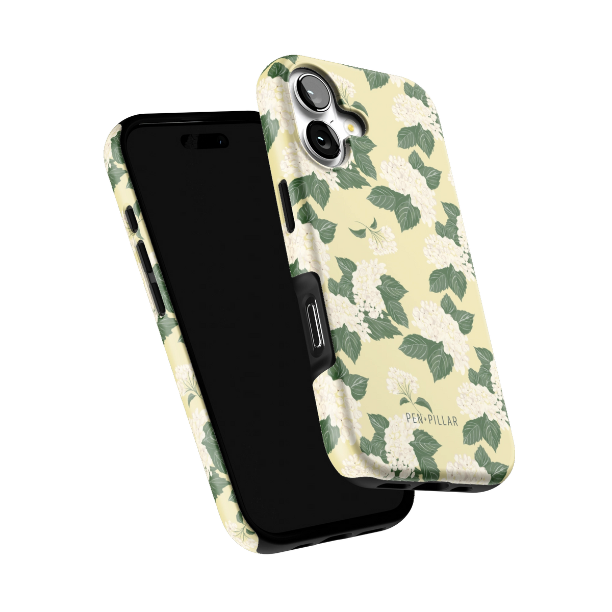 Hydrangea iPhone 17 case tilted to show the raised edges around the screen and camera