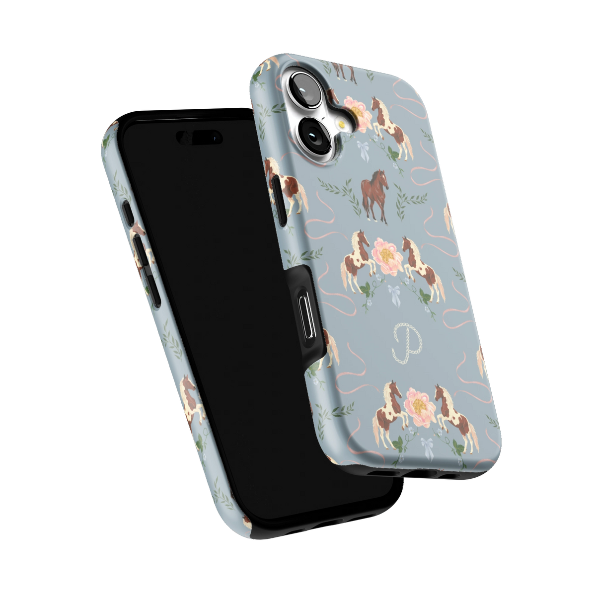 Prairie Personalized iPhone 17 case tilted to show the raised edges around the screen and camera