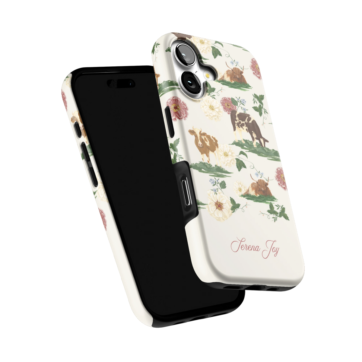 Pasture Personalized iPhone 17 case tilted to show the raised edges around the screen and camera