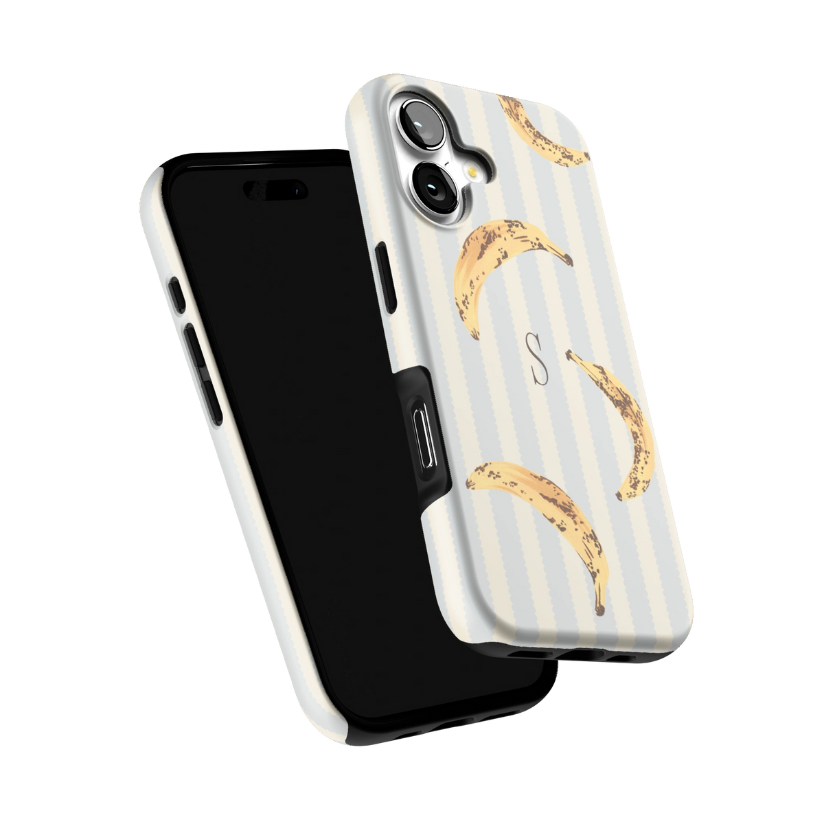 Striped Bananas Personalized iPhone 17 case tilted to show the raised edges around the screen and camera