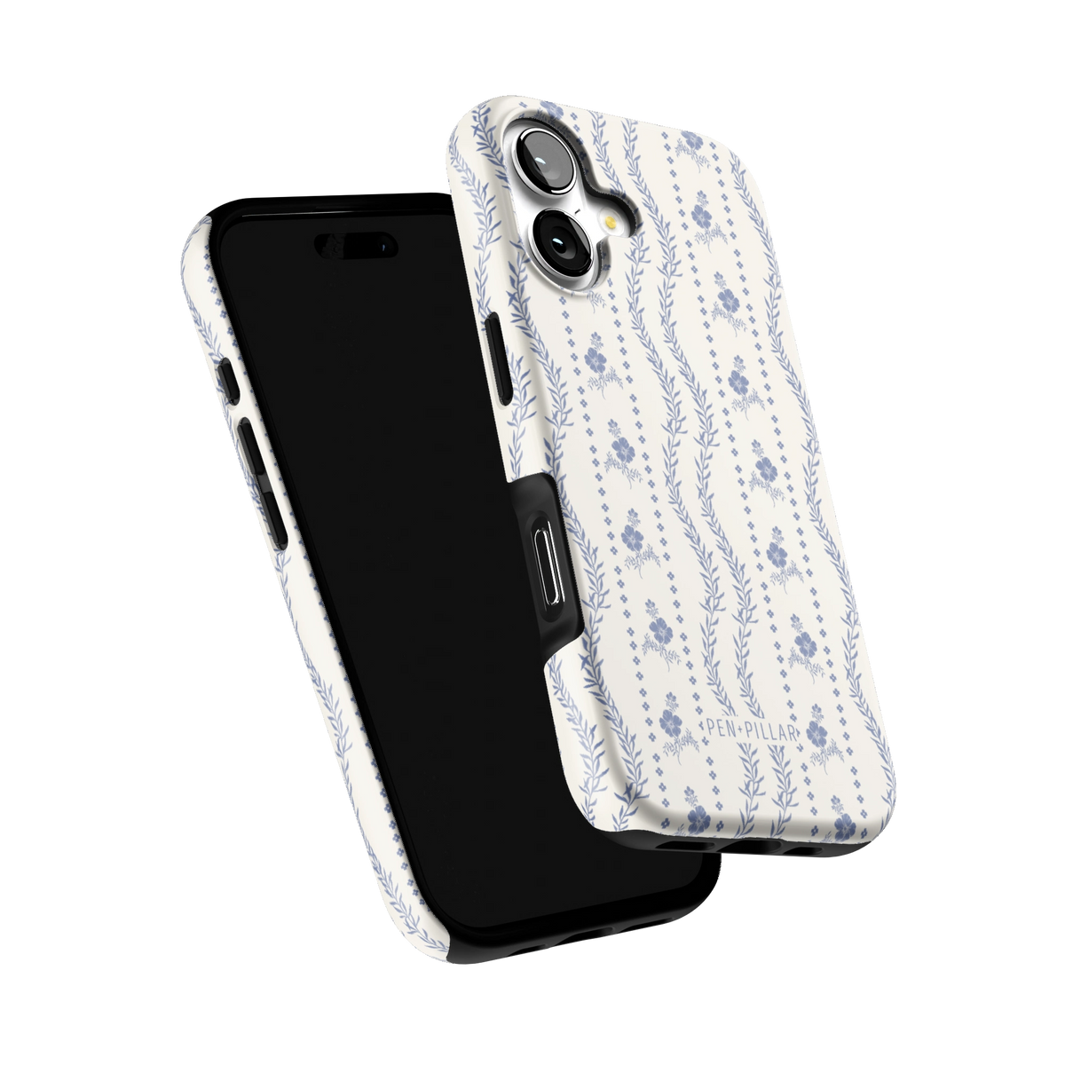 Riviera iPhone 17 case tilted to show the raised edges around the screen and camera