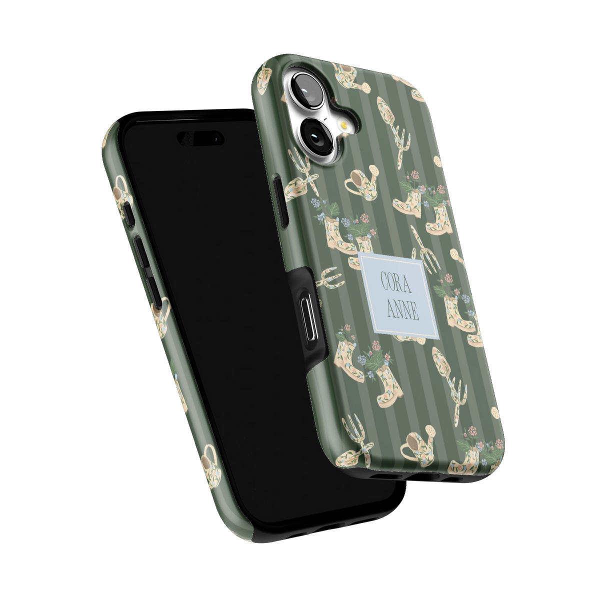 In the Garden Personalized iPhone 17 case tilted to show the raised edges around the screen and camera