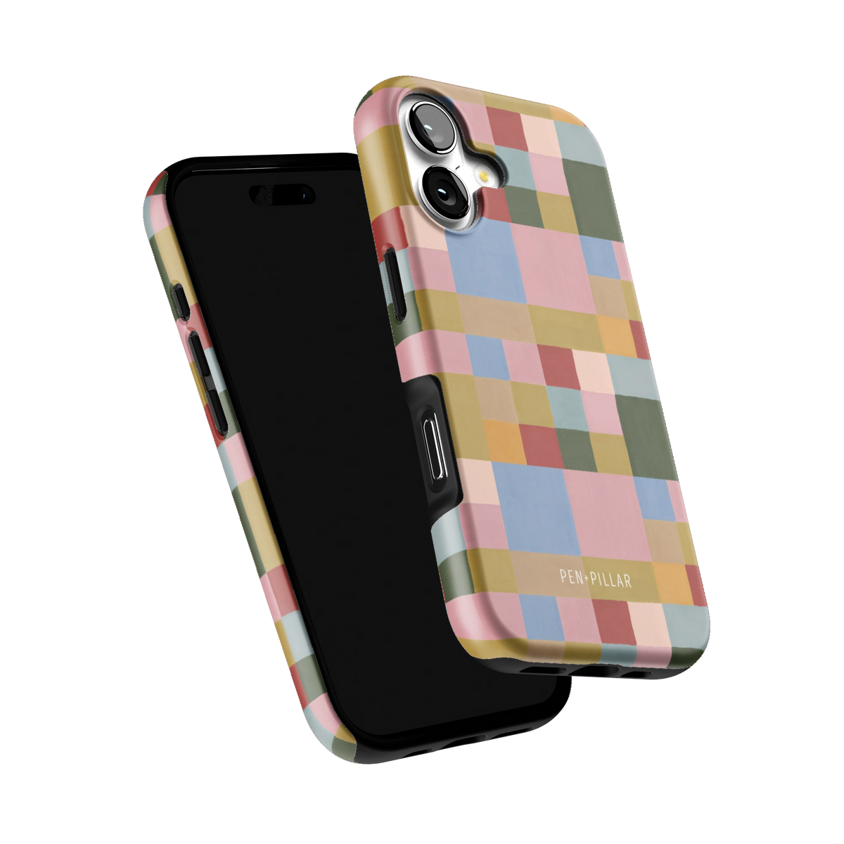 Colorblock iPhone 17 case tilted to show the raised edges around the screen and camera