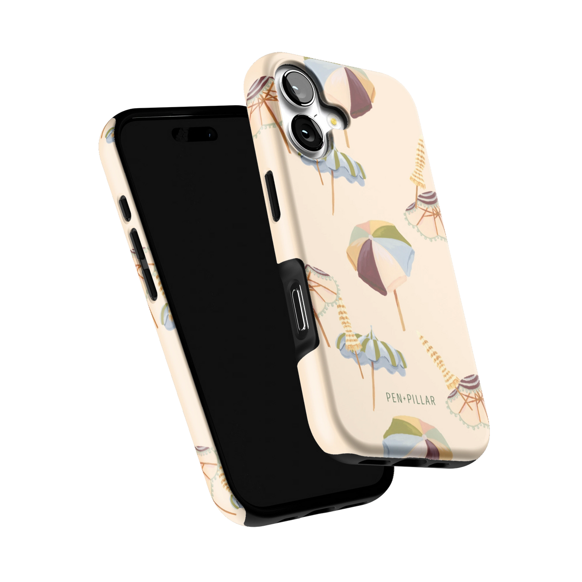 Umbrellas iPhone 17 case tilted to show the raised edges around the screen and camera