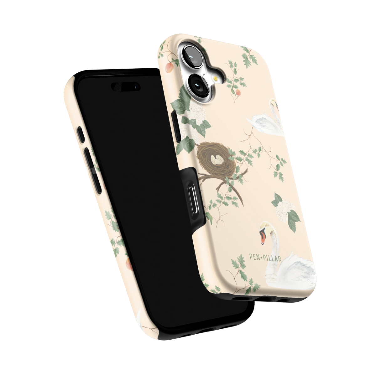 Swan Hollow iPhone 17 case tilted to show the raised edges around the screen and camera