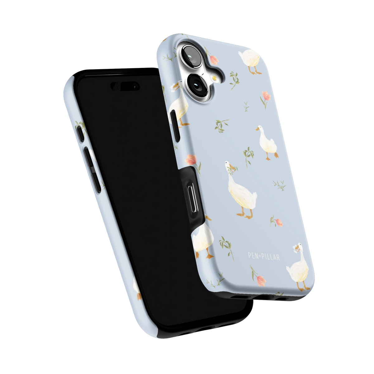 Ducks iPhone 17 case tilted to show the raised edges around the screen and camera