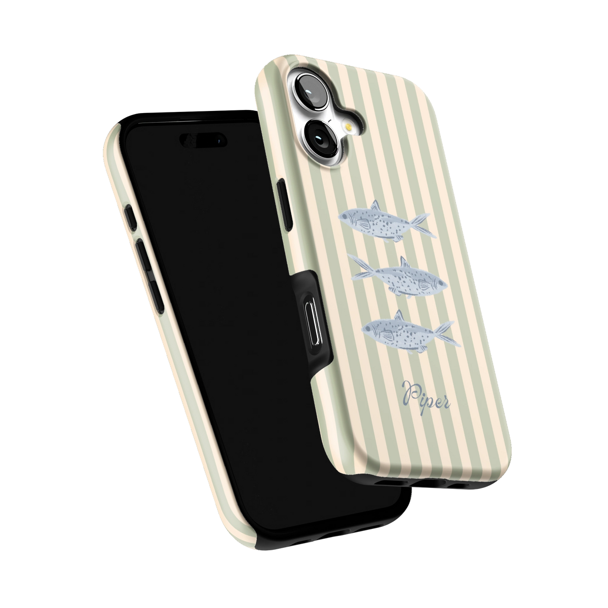 Sea Stripes Personalized iPhone 17 case tilted to show the raised edges around the screen and camera