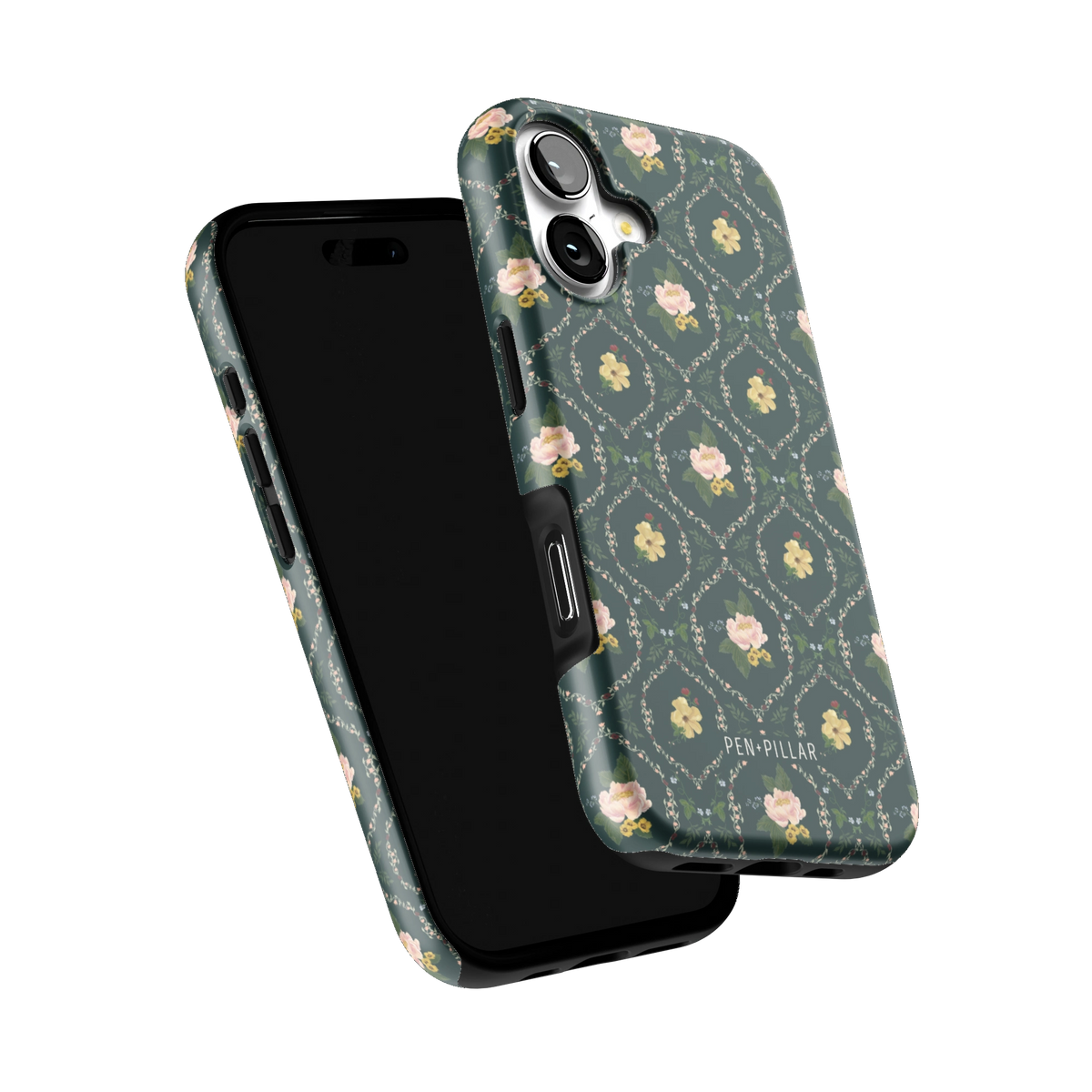 Meadow iPhone 17 case tilted to show the raised edges around the screen and camera