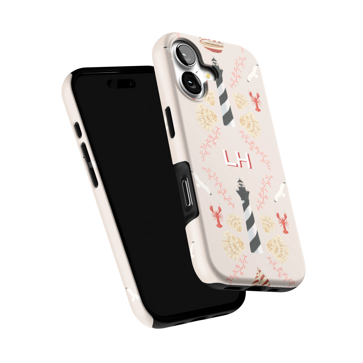 Lighthouse Personalized iPhone 17 case tilted to show the raised edges around the screen and camera