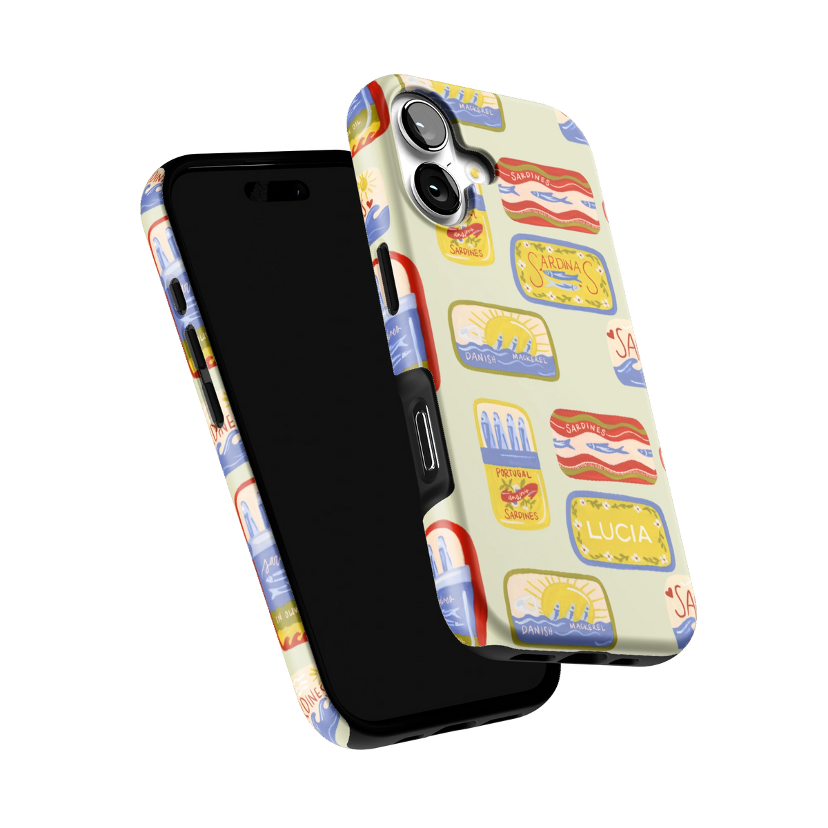 Sardines Personalized iPhone 17 case tilted to show the raised edges around the screen and camera